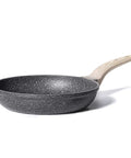 Eight Inch Nonstick Granite Frying Pan With Eco Safe Pfoa And Pfos Free Coating For Healthier Everyday Cooking side view with wooden handle.