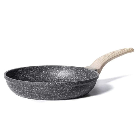 Eight Inch Nonstick Granite Frying Pan With Eco Safe Pfoa And Pfos Free Coating For Healthier Everyday Cooking side view with wooden handle.
