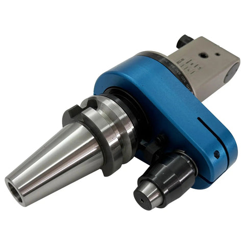 Top Shelf Er11 90 Degree CNC Angle Head Adapter For Milling Machines Featuring Bt50 Taper And 5000 Rpm Dead Accurate Performance With Beast Mode Rigidity And Killer Cut Speeds with blue finish and silver stainless steel.