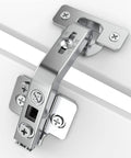Two Pack 135 Degree Corner Cabinet Hinge with Adjustable 3D Concealed Overlay Hinge and Clip-On Plate in silver, installed on cabinet