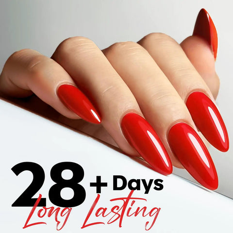 Red polished nails showing Red Gel Nail Polish 15ml HEMA Free Neon Summer Soak Off UV Gel Long Lasting 28 Days DIY Manicure Kit