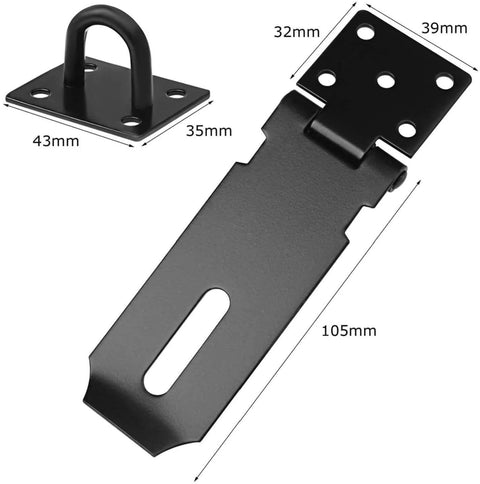 Stainless Steel 4 Inch Door Hasp Latch Lock With Fixing Screws Black Gate Hasp for External Doors and Cabinets, dimensions shown