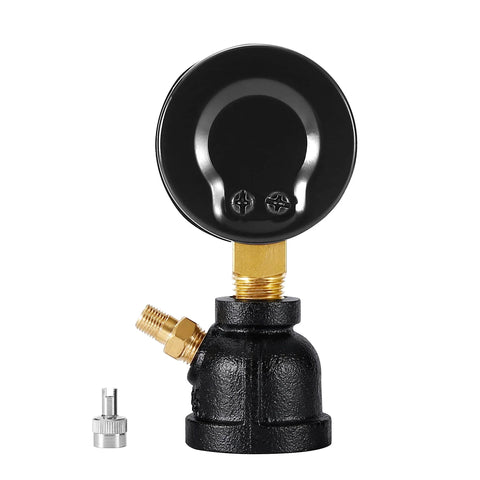 Front view of gas pressure test gauge with 1-inch FNPT brass fitting on black chrome-plated steel body.