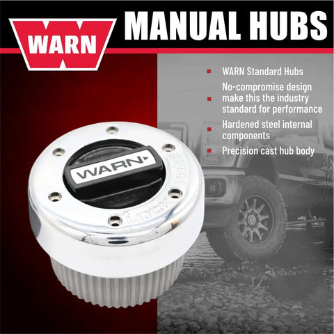 Warn Standard Manual Hubs, chrome finish, featuring hardened steel internals and precision cast hub body with vehicle background.