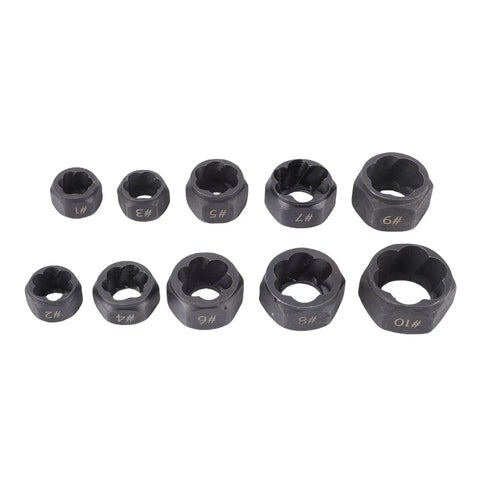 Top Notch 10 Pc Nut Remover Extractor Set 9 To 19mm Impact Socket Kit Built From Heavy Duty No 45 Steel With Reverse Helical Grooves To Yank Out Stripped Damaged Screws And Studs Fast For Any Auto Job. 10-piece steel extractor sockets 1-10