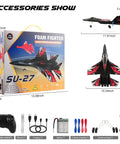 SU27 RC Airplane With 2 Batteries 2.4GHz 6 Axis Gyro Stabilizer packaging and accessories, including remote and chargers.