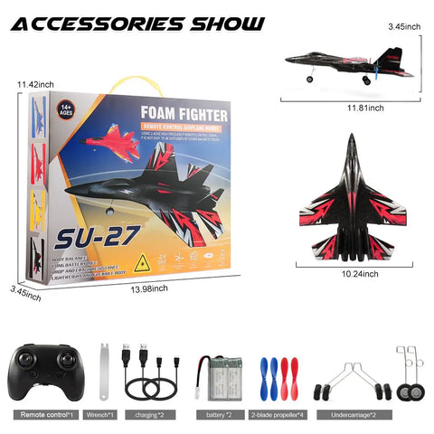 SU27 RC Airplane With 2 Batteries 2.4GHz 6 Axis Gyro Stabilizer packaging and accessories, including remote and chargers.