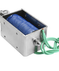 12V DC Solenoid Electromagnet With 20mm Stroke And 50N Hold Force Push Pull Type Open Frame Linear Motion Actuator For Automation Projects Durable Copper Coil Easy Install, open frame with green wires
