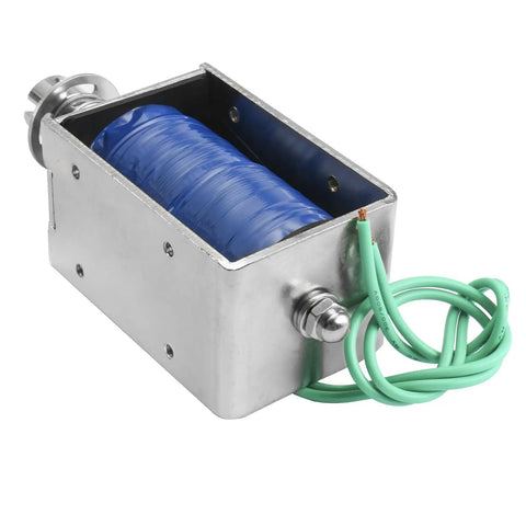12V DC Solenoid Electromagnet With 20mm Stroke And 50N Hold Force Push Pull Type Open Frame Linear Motion Actuator For Automation Projects Durable Copper Coil Easy Install, open frame with green wires