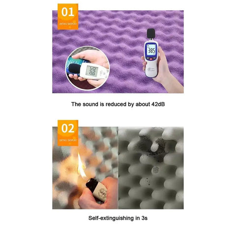 Real Deal Self Adhesive Soundproofing Foam Panels Silence Background Noise On Walls And Cars Straight Up Heavy Duty Egg Crate Acoustic Insulation Flame Resistant Yellow. Demonstrating sound reduction measurement and flame resistance.