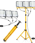Ridiculously Bright 45000 Lumen LED Work Light With Stand Three Head Portable Tripod Light shown with adjustable aluminum stand