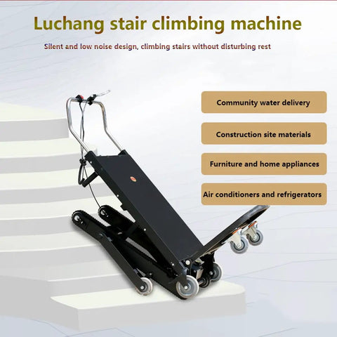 Heavy Duty Electric Stair Climber Trolley With Removable 48V Battery And Brushless Motor For Tough Jobs hauling Heavy Gear Up Or Down The Stairs Like A Pro on stairs with low noise design.