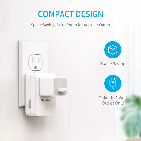 Wireless Remote Control Outlet For Home Appliances With Compact Wall Socket Design, shown plugged into a wall, space-saving layout.