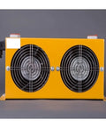 Front view of 60 L/min Aluminum Hydraulic Oil Cooler Plate Heat Exchanger for Small Hydraulic Stations 24V Air Cooler, dual fans