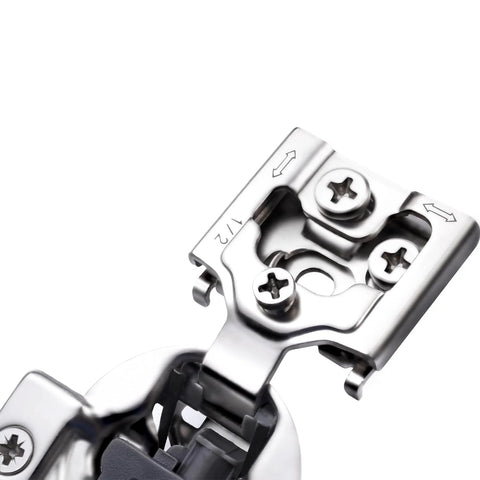 Close-up view of Twenty Pack One Half Inch Overlay Soft Close Concealed Kitchen Cabinet Hinges Satin Nickel.