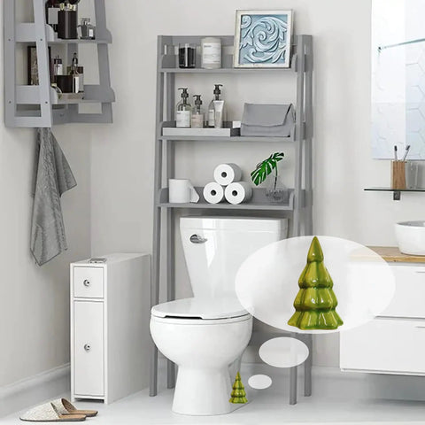 Set Of Two Green Christmas Tree Toilet Bolt Covers That Snaps Right On In Seconds And Brings Hella Cute Holiday Bathroom Decor To Any Home While Keeping Ugly Bolts Straight Outta Sight All Season Long displayed in a modern bathroom setting.
