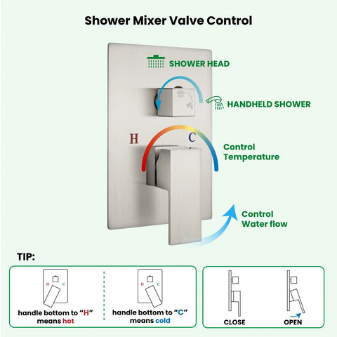 Shower mixer valve for 10 Inch Rainfall Shower Head and Wall Mounted Handle Set in Brushed Nickel Solid Brass Pressure Balancing System
