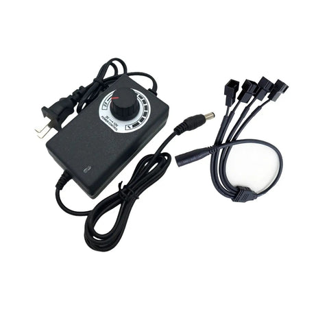 Adjustable 12V DC Fan Power Supply with splitter cable, dial, and four connectors for PC fans; powers 3/4-pin fans, 36W output.
