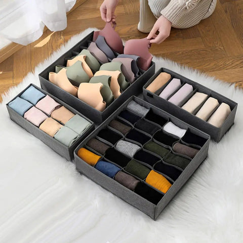 4 Piece Foldable Fabric Drawer Organizer Set For Socks And Underwear Storage Using A Nifty Layout To Keep Your Closet Clean Maximize Dresser Space While Delivering Zero Extra Stress Overall with organized socks and bras.