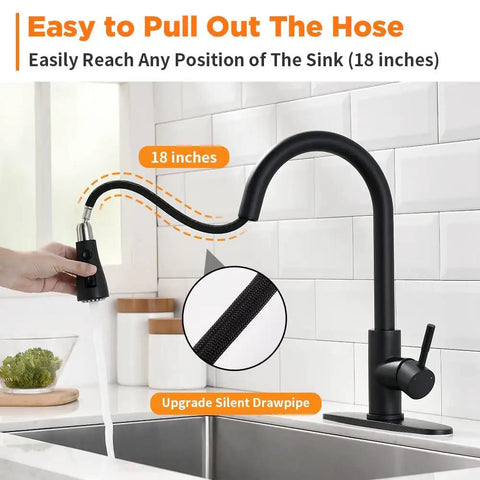 Matte Black Kitchen Faucet With Pull Down And Pull Out Sprayers, 18-inch reach, single handle, showing water flow and hose flexibility