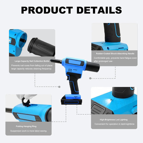 Heavy Duty Cordless Electric Rivet Gun Battery Powered Pop Riveter With Brushless Motor, showing large-capacity nail collection and rubber grip.