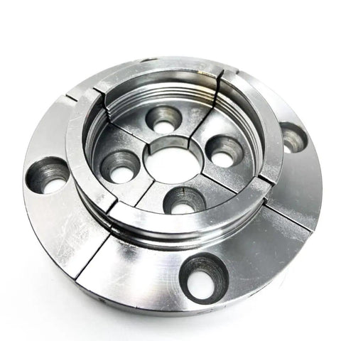 Pro Tek 48296 G3 Wood Lathe Chuck Kit with nickel plated chuck visible from top angle showing dovetail serrated profile