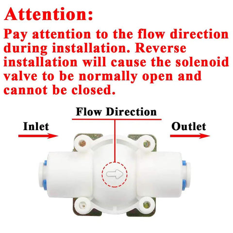 Image of 12 Volt DC Water Solenoid Valve One Quarter Inch Inlet Normally Closed For RO Reverse Osmosis Systems with flow direction guide.