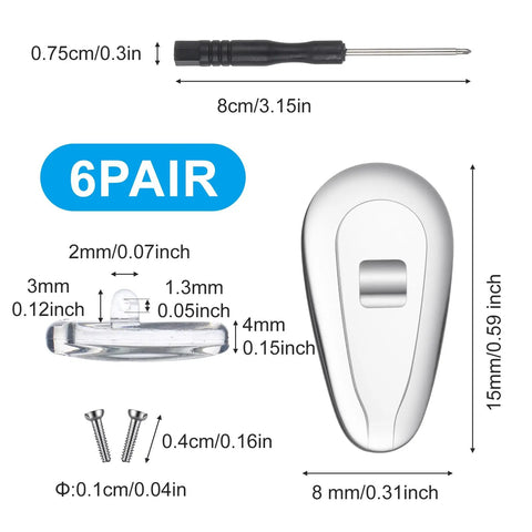 Dimensions of Six Pairs Silicone Eyeglass Nose Pads Set With Screws And Micro Screwdriver, transparent nose cushions with measurements.