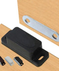 Cabinet Catch For Kitchen Cupboard And Closet Doors, Strong Magnetic Hold, ABS Plastic Latch in black, white, and brown finishes.