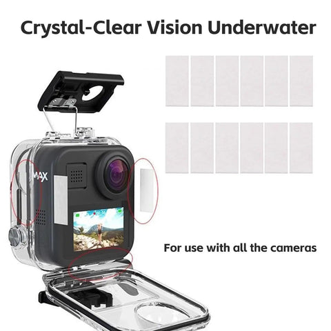 48 Pack Anti Fog Inserts For Action Camera Waterproof Housing, showing clear vision enhancement and universal fit for cameras.