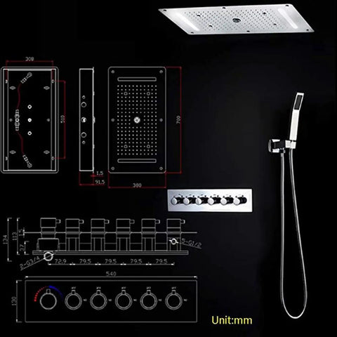 Level Up Your Bathroom Routine With This Top Notch Ceiling Mounted Rain Shower Combo Featuring Smooth Led Faucet Lighting And A Massive Stainless Steel Head For Serious Daily Spa Vibes - product dimensions and components diagram.