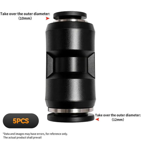 12mm To 10mm Pneumatic Push To Connect Fittings, Straight Reducer Union Coupler, Black Plastic And Stainless Steel Quick Connect Hose