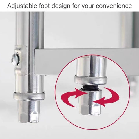 Close-up of adjustable foot design for the Top Grade Rust Proof Stainless Steel Shelving System With Four Tier Heavy Duty Storage Rack.