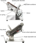 Professional Electric Belt Sander With Adjustable Angle For Precision Metal And Wood Finishing showing tensioner, motor, and adjustable workbench.
