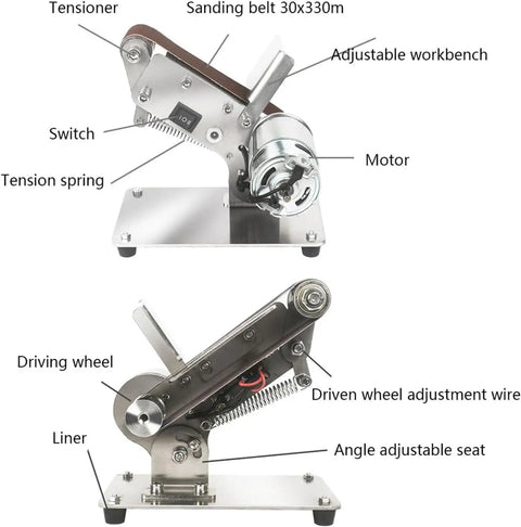 Professional Electric Belt Sander With Adjustable Angle For Precision Metal And Wood Finishing showing tensioner, motor, and adjustable workbench.