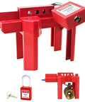 Adjustable Ball Valve Lockout Device For Half Inch To Two And A Half Inch Pipes Red Outdoor Water Spigot Lock Industrial Faucet Handle Locking Kit For Safe Valve Isolation OSHA Compliant Energy Lockout, shown with padlock and keys.