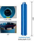 Amazon core drill bit, 2.5-inch diameter, blue with 1-1/4-7 UNC thread and 15.75 inch depth; undulating-tooth design.