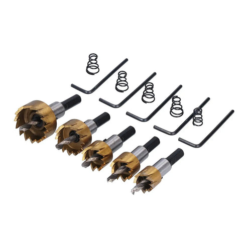 Top Rated 5 Piece Hole Saw Bit Kit Made With High Carbon Steel And Ti Coating For Drilling Clean Holes In Wood Steel Aluminum Plastic Plus Hex Wrench And Spring Included For All Your DIY Projects. 5-piece set with hex wrenches and springs