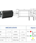 Thinking Process: 86mm NEMA 34 stepper motor with 14mm shaft, dimensions and wiring diagram shown