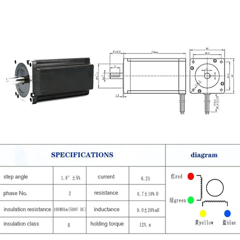 Thinking Process: 86mm NEMA 34 stepper motor with 14mm shaft, dimensions and wiring diagram shown