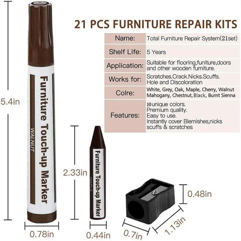 No Sweat Wood Repair Kit Featuring Sleek Touch Up Markers Plus Quality Wax Sticks For Quick Floor And Furniture Fixes In Assorted Rich Wood Tones For A Smooth Knockout Transformation, showing walnut and beige touch-up markers.