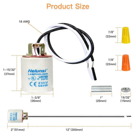 Durable E26 And E27 Ceramic Light Socket Set With 12 Inch Wire Lead Porcelain Lampholder Prewired For Incandescent And LED Bulbs Medium Base Replacement Pack Of 4 with detailed dimensions and components shown.