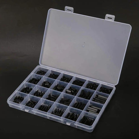 Top Shelf 360 Piece Black Nylon Standoff Spacer And Screw Nut Assortment Kit With Hex Male Female Threads For Pcb Drones Circuit Boards M2 M2.5 M3 in clear storage box.