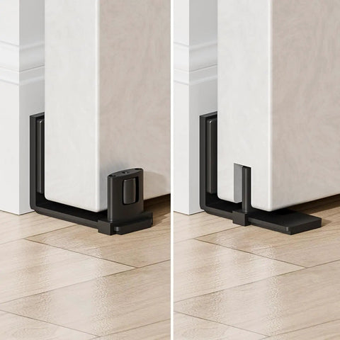 Sliding Barn Door Floor Guide Set With Adjustable U Shape Flexible Flush Design Wall Mounted Black 2 Pack Easy Peasy Install For Smooth Glide Space Saving Hardware Dual Pulley Protection, black floor guide on white sliding door