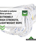 Heavy Duty Vertical Lifeline With Five Eighth Inch Polysteel Rope And Snap Hook For Industrial Construction Roofing And Recreation Use, Pro Grade Fall Protection That Meets ANSI And OSHA Standards, Available In Multiple Lengths, showing extruded co-polymer fibres.