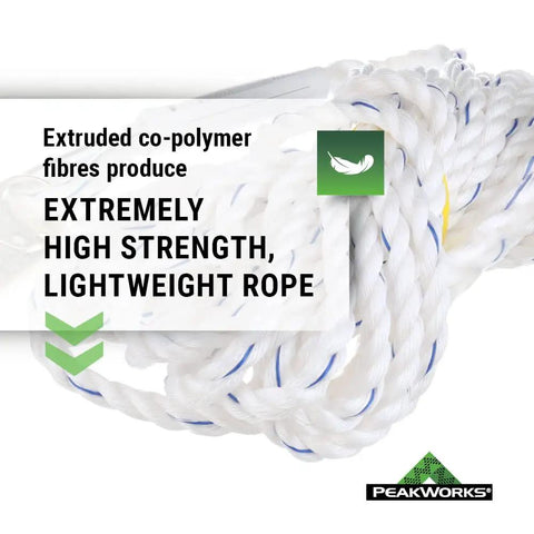 Heavy Duty Vertical Lifeline With Five Eighth Inch Polysteel Rope And Snap Hook For Industrial Construction Roofing And Recreation Use, Pro Grade Fall Protection That Meets ANSI And OSHA Standards, Available In Multiple Lengths, showing extruded co-polymer fibres.