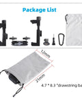 Fence Mount For Cell Phones And Action Cameras On Chain Link Fence package with parts and drawstring bag, 4.7 x 8.3 inches.