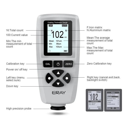 Mil Thickness Gauge With Fe NFe Dual Probe 0 to 2000 Um Coating Thickness Meter With Backlit LCD Display Stores Up To 320 Readings When Off Power, 4 Groups, User Friendly Visual Interface For Paint, Automotive, And Coatings. grey coating thickness gauge with backlit LCD, dual probe, and control buttons