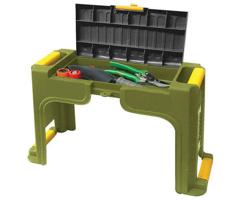 Garden Kneeler And Seat With Storage Compartments, Heavy Duty 255 Lbs Capacity, Cushioned Knee Pad, shown with open tool storage