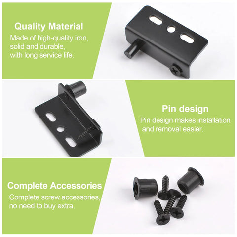 Concealed Shaft Cabinet Door Pivot Hinges In Iron Black, Four Sets With Pin And Bushing shown with screws and design details